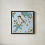 Toile Birds IV by Emily Adams. Shown in a sleek black glass frame for a contemporary gallery look. Available as an archival giclee rolled canvas, fine art paper, or poster print. SKU 55102a.