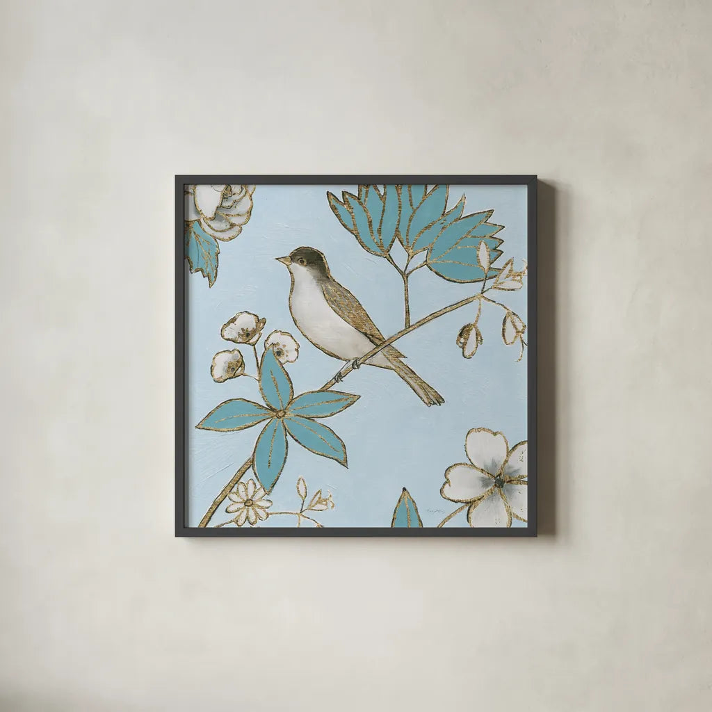 Toile Birds IV by Emily Adams. Shown in a sleek black glass frame for a contemporary gallery look. Available as an archival giclee rolled canvas, fine art paper, or poster print. SKU 55102a.