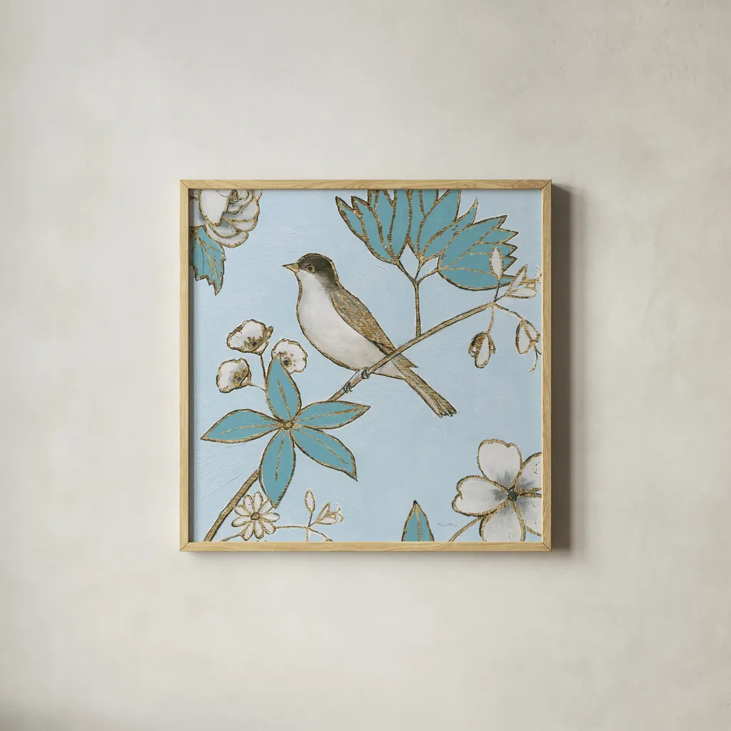 Toile Birds IV by Emily Adams. Shown in a natural wood glass frame for a timeless modern aesthetic. Available as an archival giclee rolled canvas, fine art paper, or poster print. SKU 55102a.