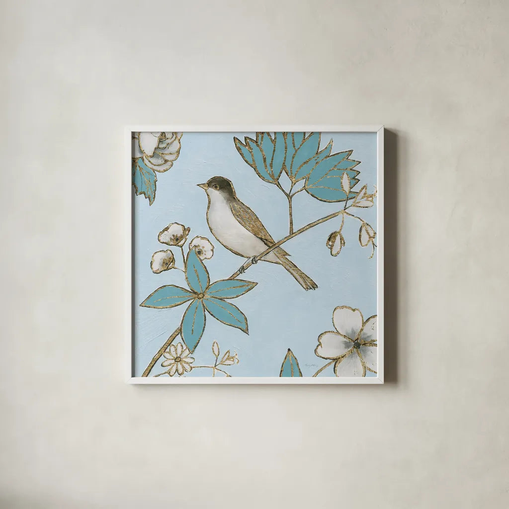 Toile Birds IV by Emily Adams. Shown in a crisp white glass frame for a clean and minimalist style. Available as an archival giclee rolled canvas, fine art paper, or poster print. SKU 55102a.