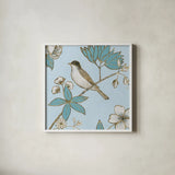 Toile Birds IV by Emily Adams. Shown in a crisp white glass frame for a clean and minimalist style. Available as an archival giclee rolled canvas, fine art paper, or poster print. SKU 55102a.