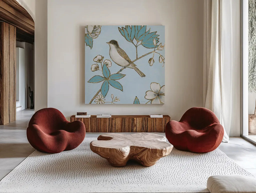 Toile Birds IV by Emily Adams. Shown as extra-large giant wall art in a modern living room. Available as an archival giclee rolled canvas, fine art paper, or poster print. SKU 55102a.