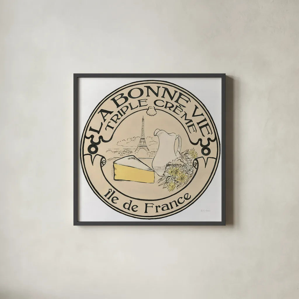 Vintage Cheese Label III by Emily Adams. Shown in a sleek black glass frame for a contemporary gallery look. Available as an archival giclee rolled canvas, fine art paper, or poster print. SKU 35280a.