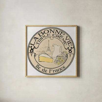Vintage Cheese Label III by Emily Adams. Shown in a natural wood glass frame for a timeless modern aesthetic. Available as an archival giclee rolled canvas, fine art paper, or poster print. SKU 35280a.