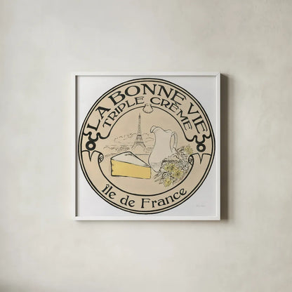 Vintage Cheese Label III by Emily Adams. Shown in a crisp white glass frame for a clean and minimalist style. Available as an archival giclee rolled canvas, fine art paper, or poster print. SKU 35280a.