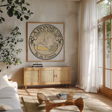 Vintage Cheese Label III by Emily Adams. Shown in a natural wood frame in a cozy modern living room. Available as an archival giclee rolled canvas, fine art paper, or poster print. SKU 35280a.
