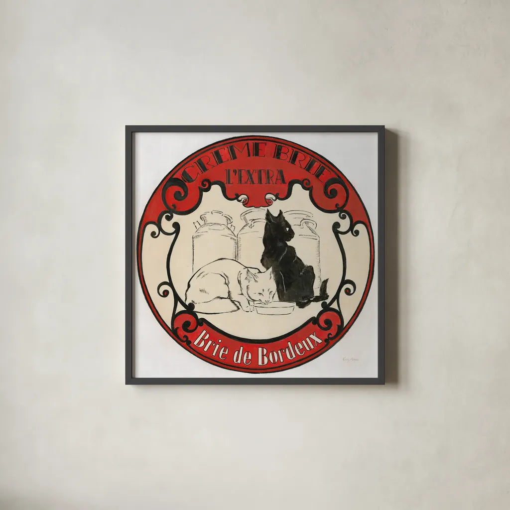 Vintage Cheese Label IV by Emily Adams. Shown in a sleek black glass frame for a contemporary gallery look. Available as an archival giclee rolled canvas, fine art paper, or poster print. SKU 35279a.