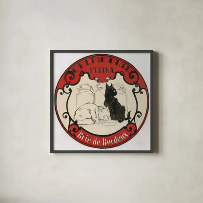 Vintage Cheese Label IV by Emily Adams. Shown in a sleek black glass frame for a contemporary gallery look. Available as an archival giclee rolled canvas, fine art paper, or poster print. SKU 35279a.