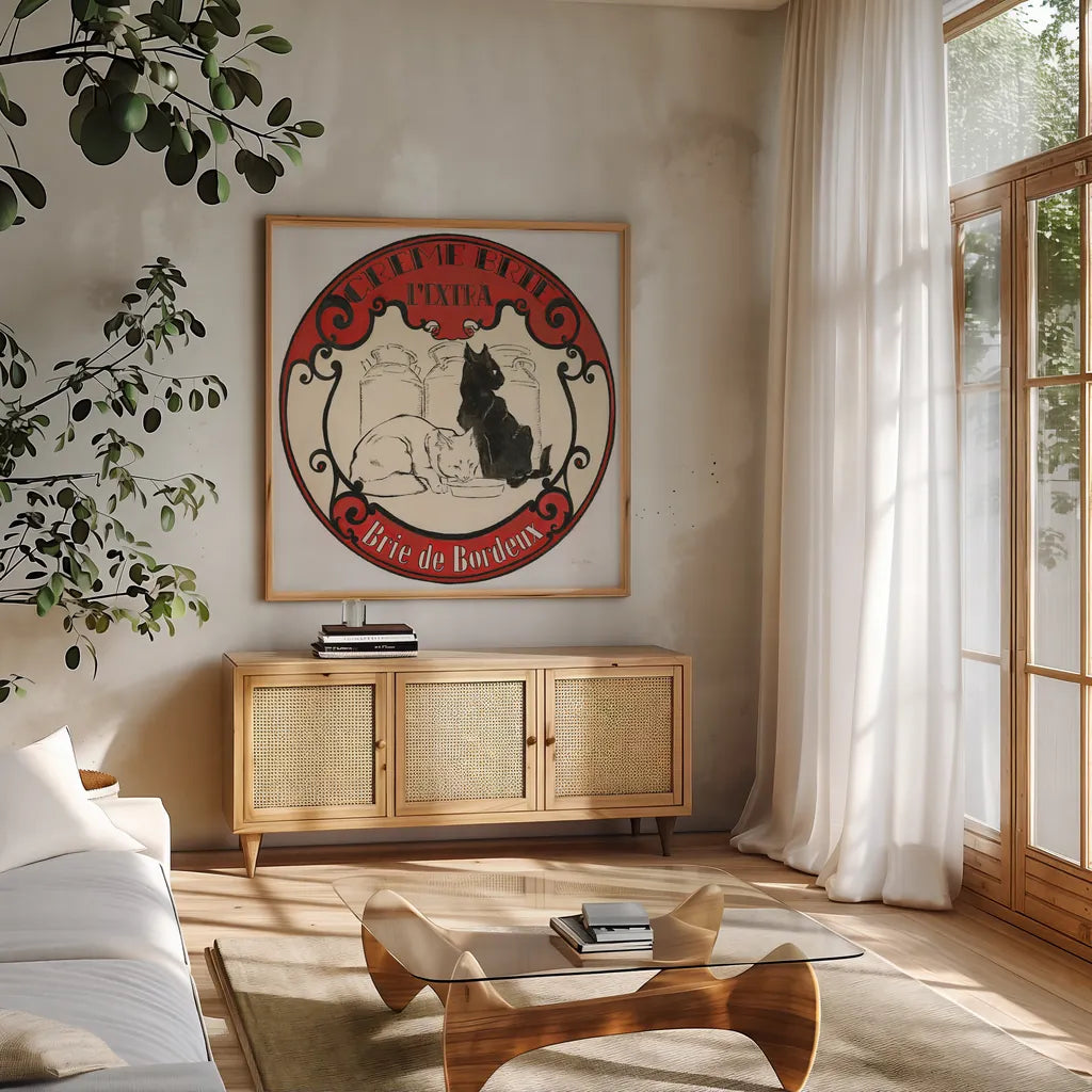 Vintage Cheese Label IV by Emily Adams. Shown in a natural wood frame in a cozy modern living room. Available as an archival giclee rolled canvas, fine art paper, or poster print. SKU 35279a.