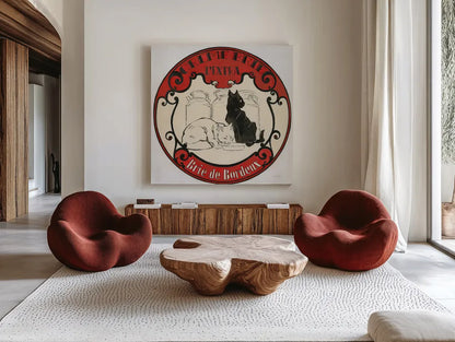 Vintage Cheese Label IV by Emily Adams. Shown as extra-large giant wall art in a modern living room. Available as an archival giclee rolled canvas, fine art paper, or poster print. SKU 35279a.