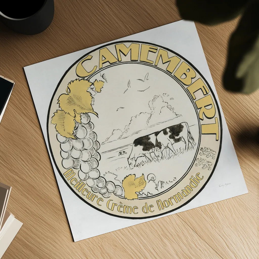 Vintage Cheese Label V by Emily Adams. Shown as a detailed flat fine art print, highlighting archival giclee quality. Available as an archival giclee rolled canvas, fine art paper, or poster print. SKU 35278a.