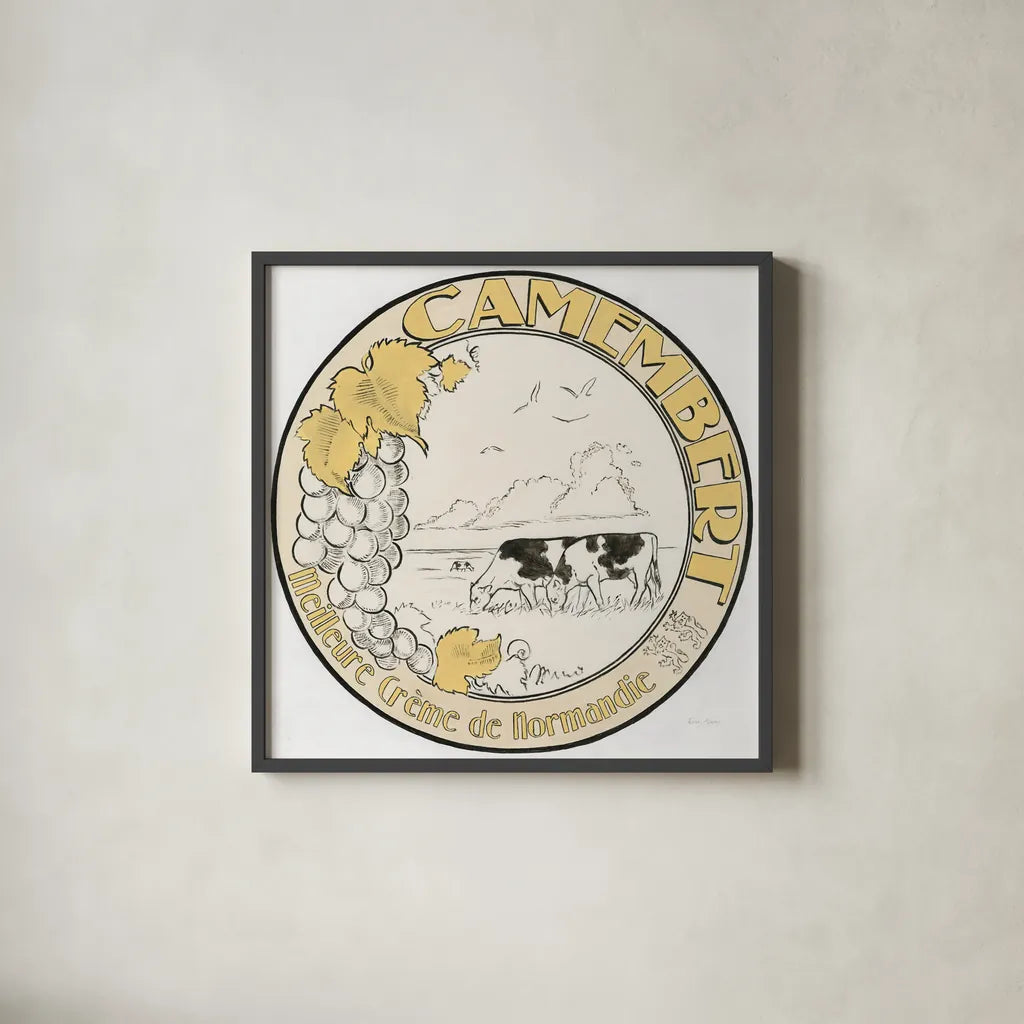 Vintage Cheese Label V by Emily Adams. Shown in a sleek black glass frame for a contemporary gallery look. Available as an archival giclee rolled canvas, fine art paper, or poster print. SKU 35278a.
