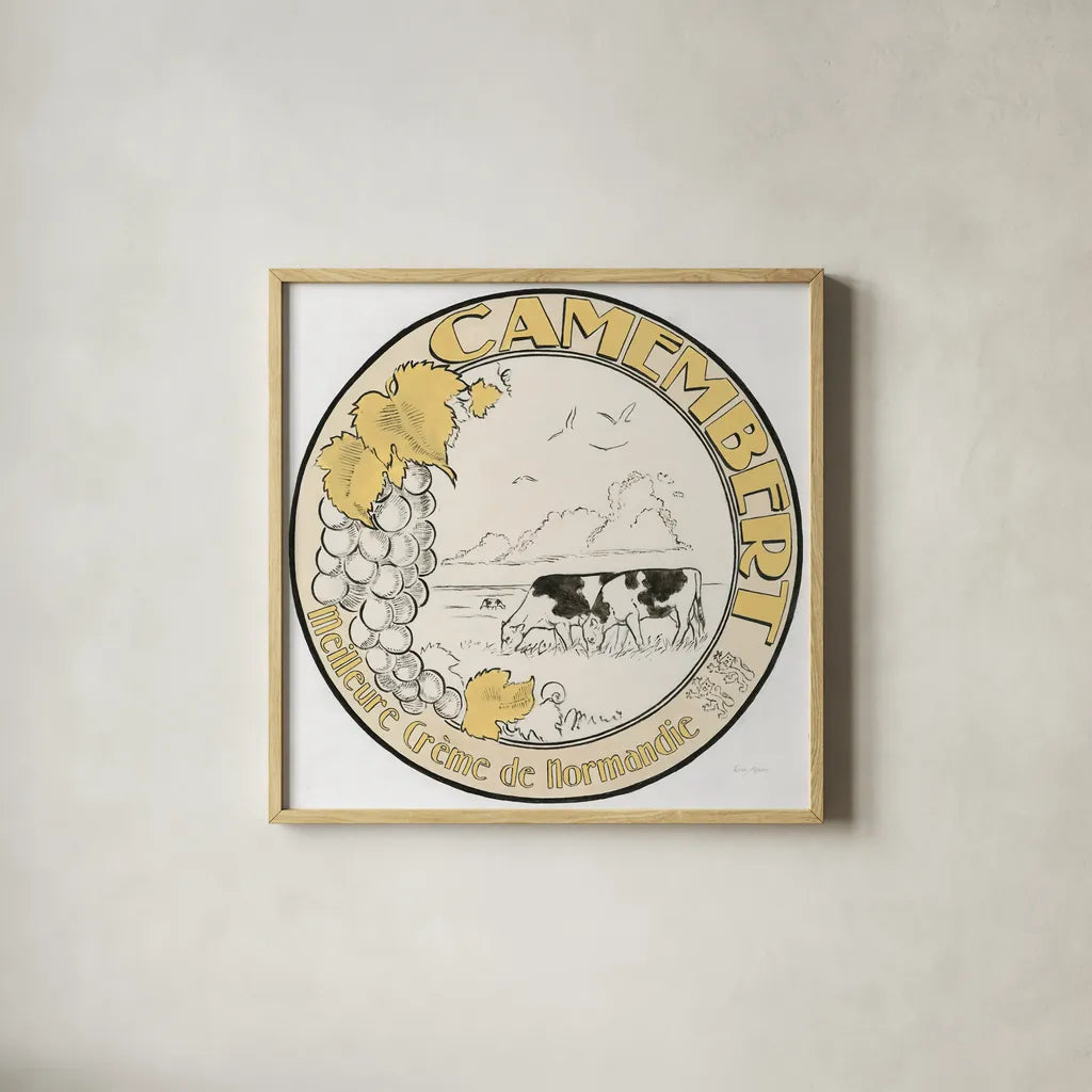 Vintage Cheese Label V by Emily Adams. Shown in a natural wood glass frame for a timeless modern aesthetic. Available as an archival giclee rolled canvas, fine art paper, or poster print. SKU 35278a.