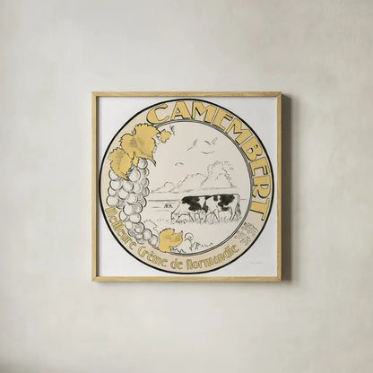 Vintage Cheese Label V by Emily Adams. Shown in a natural wood glass frame for a timeless modern aesthetic. Available as an archival giclee rolled canvas, fine art paper, or poster print. SKU 35278a.