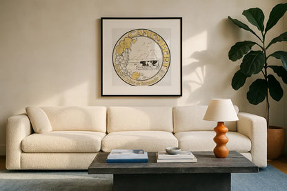Vintage Cheese Label V by Emily Adams. Displayed in a glass frame with matte in a clean modern living room. Available as an archival giclee rolled canvas, fine art paper, or poster print. SKU 35278a.