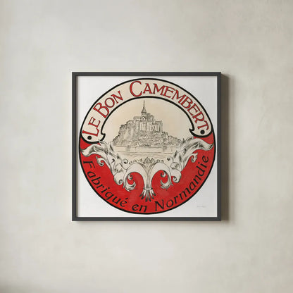 Vintage Cheese Label VI by Emily Adams. Shown in a sleek black glass frame for a contemporary gallery look. Available as an archival giclee rolled canvas, fine art paper, or poster print. SKU 35277a.