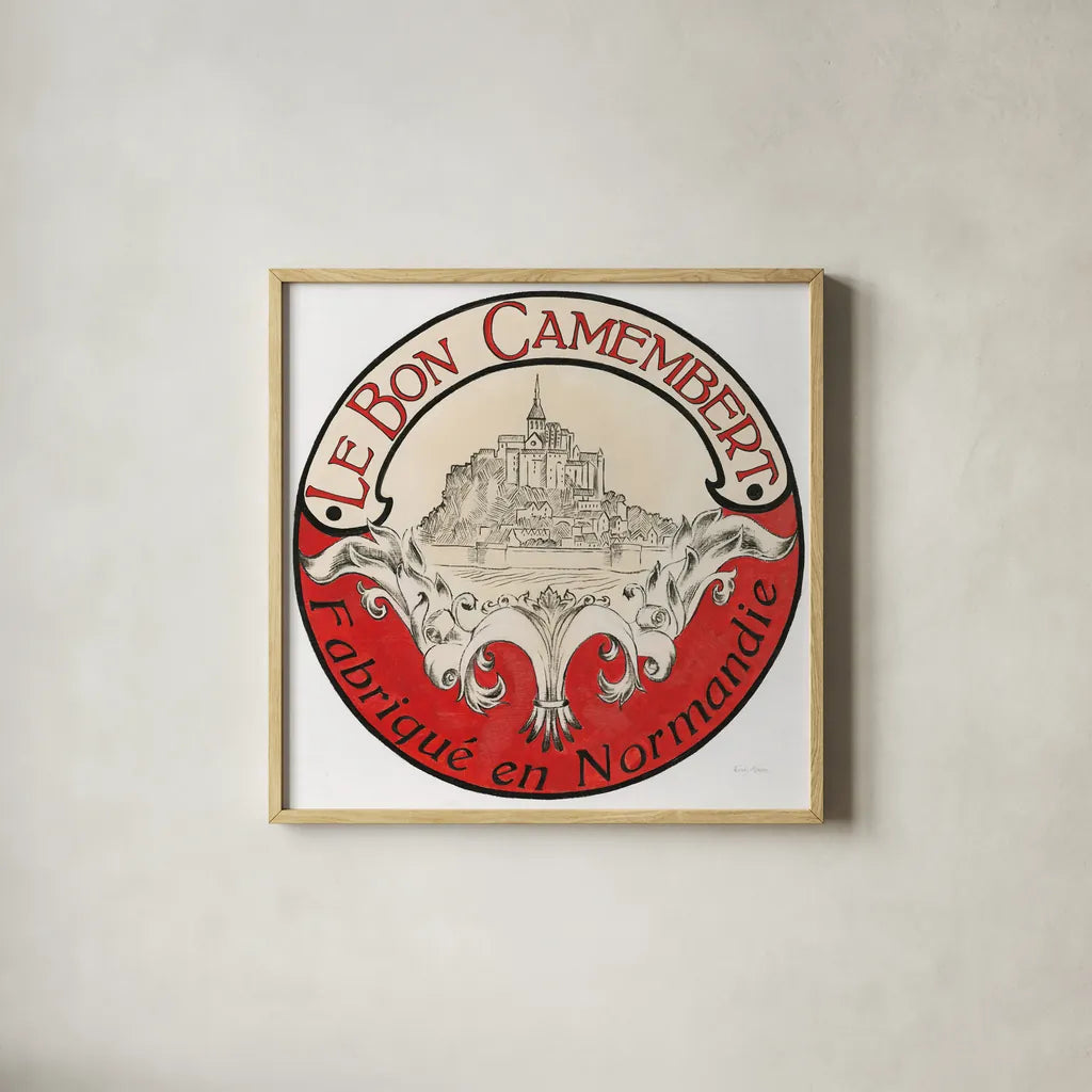Vintage Cheese Label VI by Emily Adams. Shown in a natural wood glass frame for a timeless modern aesthetic. Available as an archival giclee rolled canvas, fine art paper, or poster print. SKU 35277a.