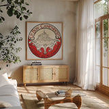 Vintage Cheese Label VI by Emily Adams. Shown in a natural wood frame in a cozy modern living room. Available as an archival giclee rolled canvas, fine art paper, or poster print. SKU 35277a.