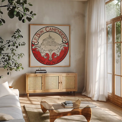 Vintage Cheese Label VI by Emily Adams. Shown in a natural wood frame in a cozy modern living room. Available as an archival giclee rolled canvas, fine art paper, or poster print. SKU 35277a.