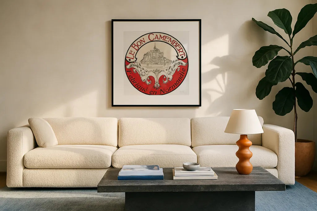 Vintage Cheese Label VI by Emily Adams. Displayed in a glass frame with matte in a clean modern living room. Available as an archival giclee rolled canvas, fine art paper, or poster print. SKU 35277a.