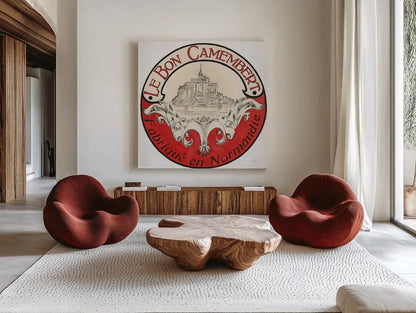 Vintage Cheese Label VI by Emily Adams. Shown as extra-large giant wall art in a modern living room. Available as an archival giclee rolled canvas, fine art paper, or poster print. SKU 35277a.
