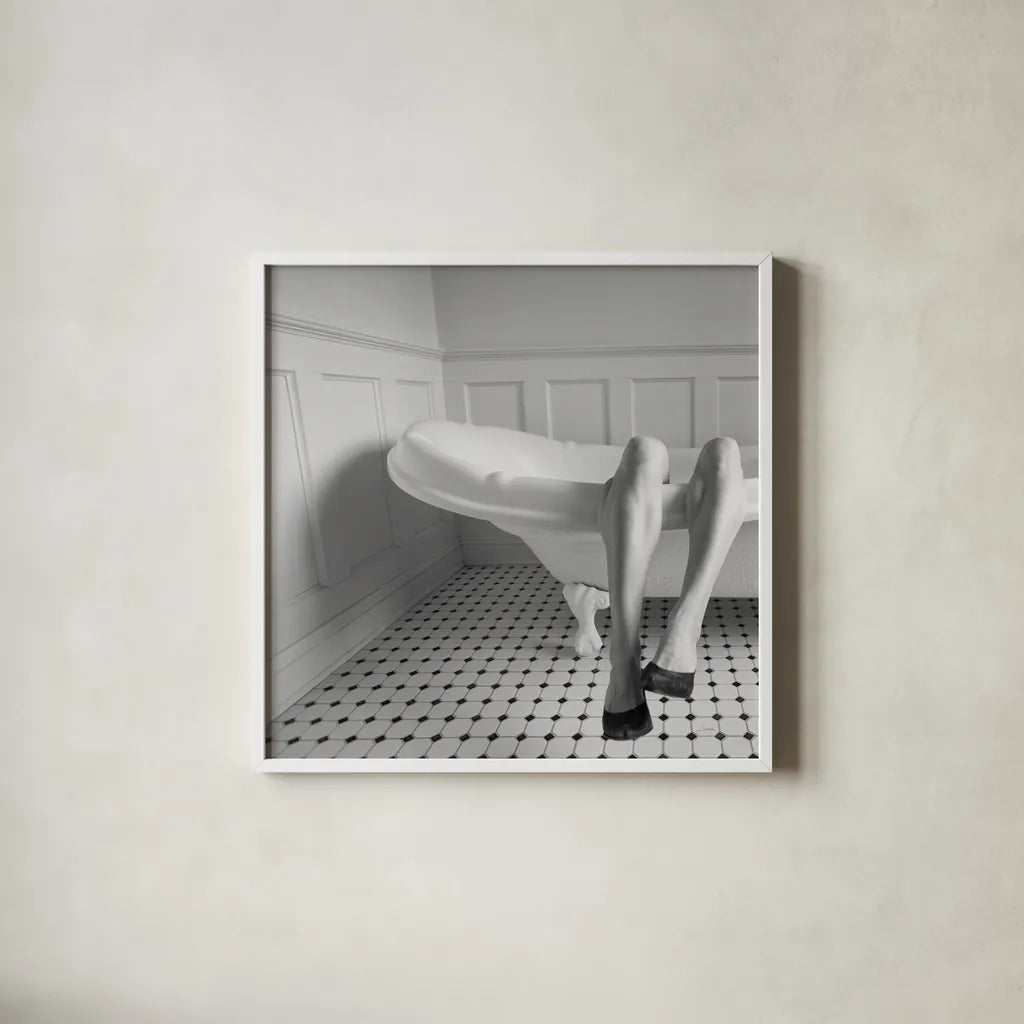 Legs by Aledanda. Shown in a crisp white glass frame for a clean and minimalist style. Available as an archival giclee rolled canvas, fine art paper, or poster print. SKU 57994a.