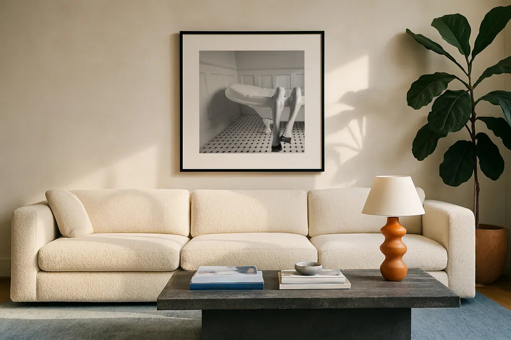 Legs by Aledanda. Displayed in a glass frame with matte in a clean modern living room. Available as an archival giclee rolled canvas, fine art paper, or poster print. SKU 57994a.