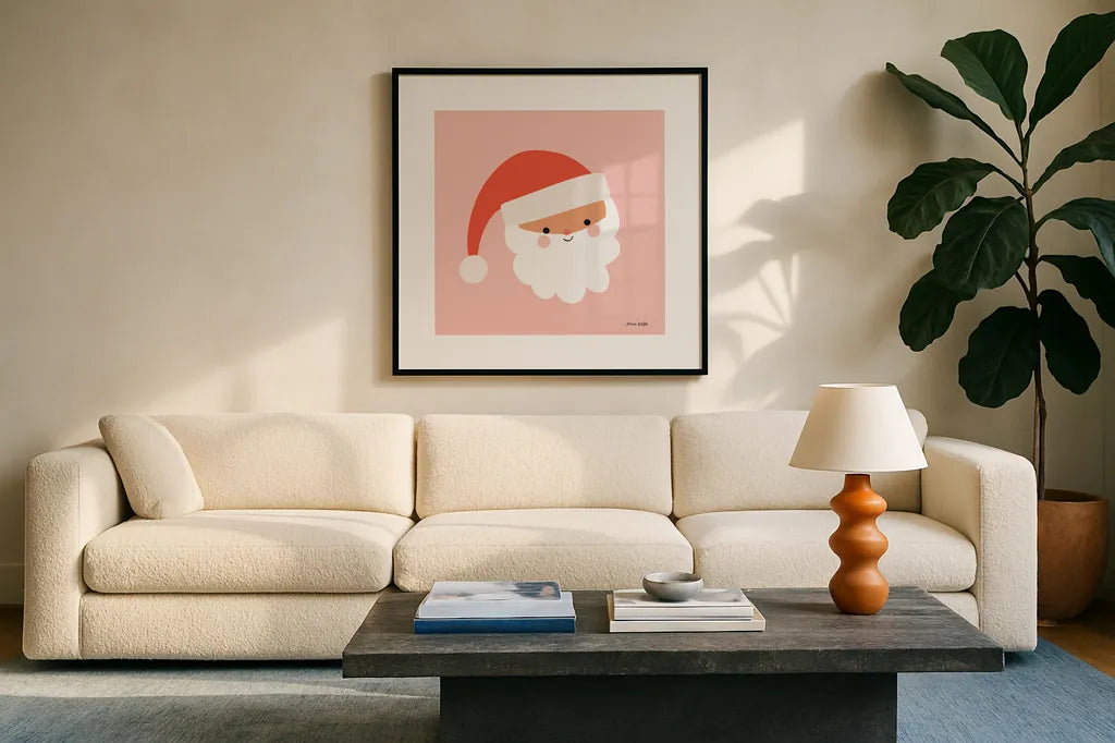 Santa by Ann Kelle. Displayed in a glass frame with matte in a clean modern living room. Available as an archival giclee rolled canvas, fine art paper, or poster print. SKU 81236a.