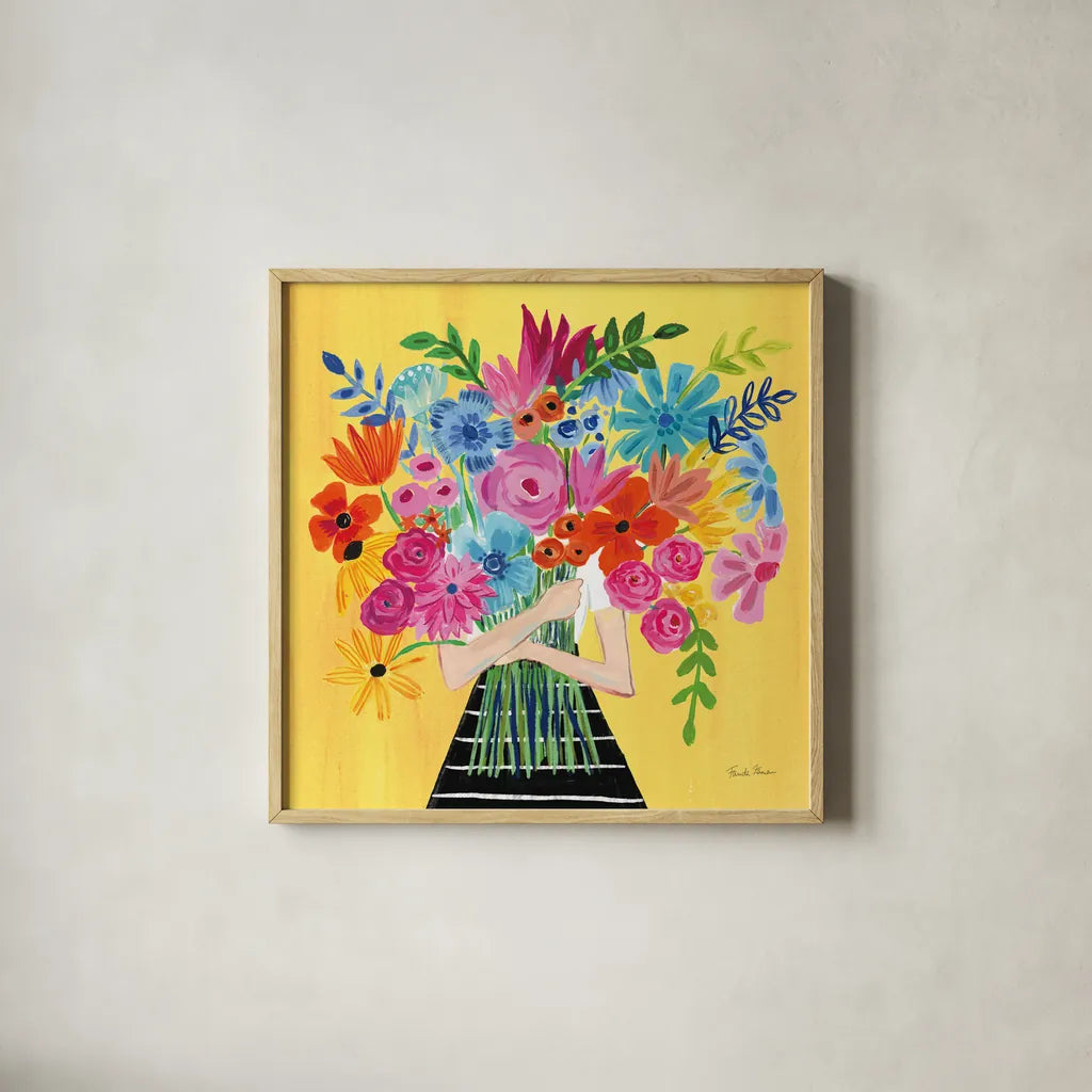 A Bunch of Flowers I by Farida Zaman. Shown in a natural wood glass frame for a timeless modern aesthetic. Available as an archival giclee rolled canvas, fine art paper, or poster print. SKU 61180a.