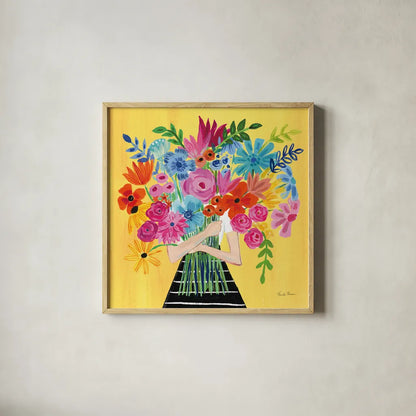 A Bunch of Flowers I by Farida Zaman. Shown in a natural wood glass frame for a timeless modern aesthetic. Available as an archival giclee rolled canvas, fine art paper, or poster print. SKU 61180a.
