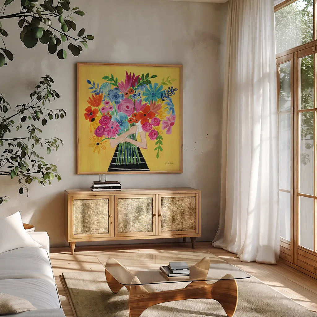 A Bunch of Flowers I by Farida Zaman. Shown in a natural wood frame in a cozy modern living room. Available as an archival giclee rolled canvas, fine art paper, or poster print. SKU 61180a.