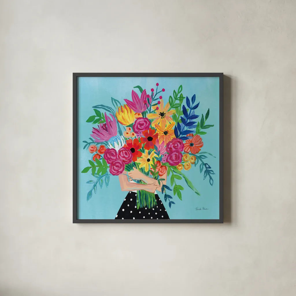 A Bunch of Flowers II by Farida Zaman. Shown in a sleek black glass frame for a contemporary gallery look. Available as an archival giclee rolled canvas, fine art paper, or poster print. SKU 61181a.