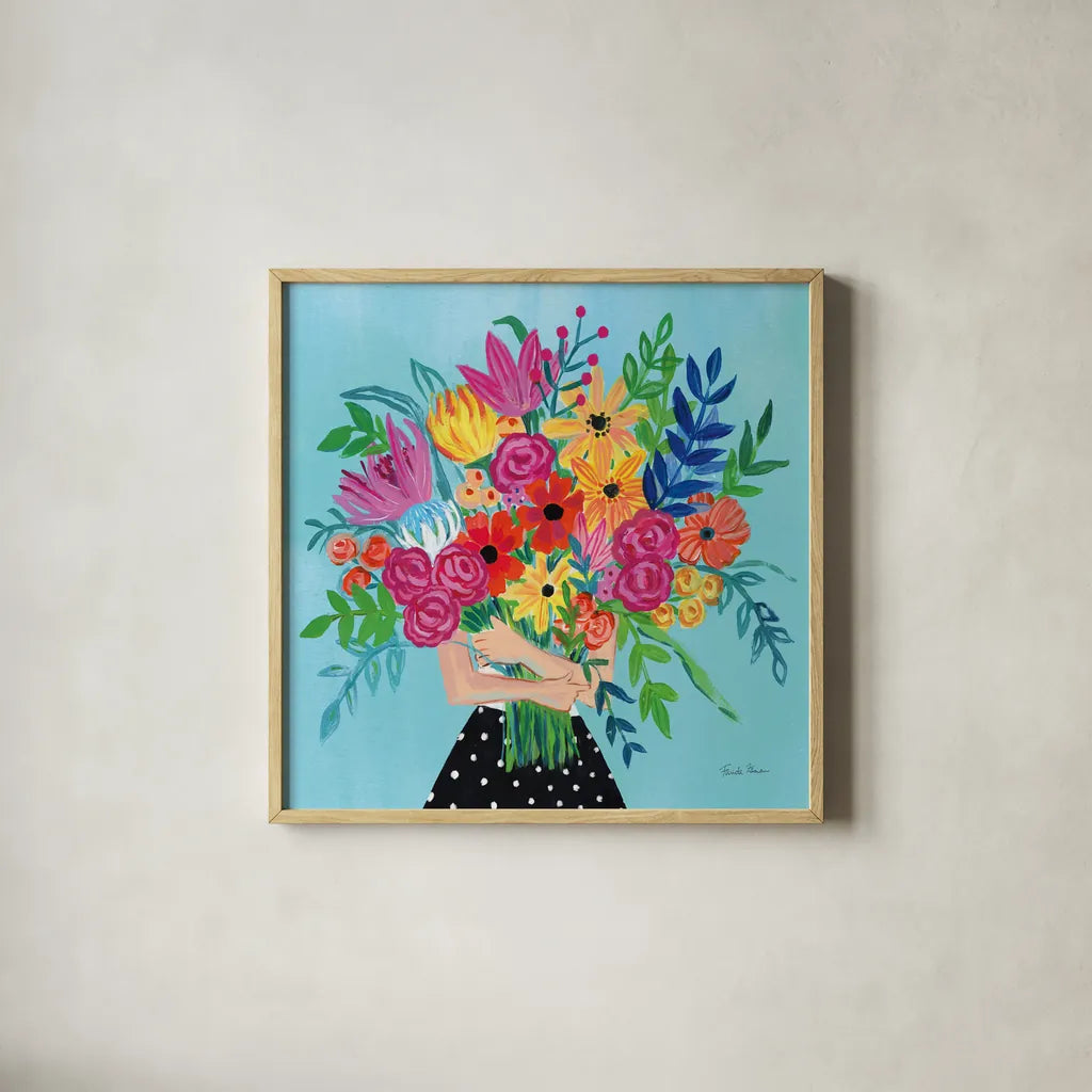 A Bunch of Flowers II by Farida Zaman. Shown in a natural wood glass frame for a timeless modern aesthetic. Available as an archival giclee rolled canvas, fine art paper, or poster print. SKU 61181a.