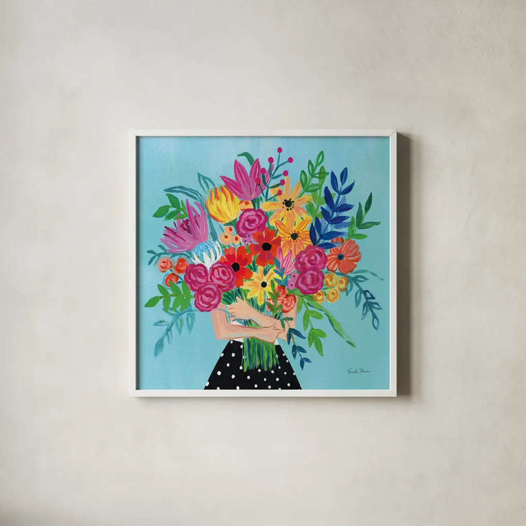 A Bunch of Flowers II by Farida Zaman. Shown in a crisp white glass frame for a clean and minimalist style. Available as an archival giclee rolled canvas, fine art paper, or poster print. SKU 61181a.