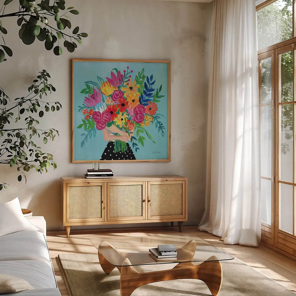 A Bunch of Flowers II by Farida Zaman. Shown in a natural wood frame in a cozy modern living room. Available as an archival giclee rolled canvas, fine art paper, or poster print. SKU 61181a.
