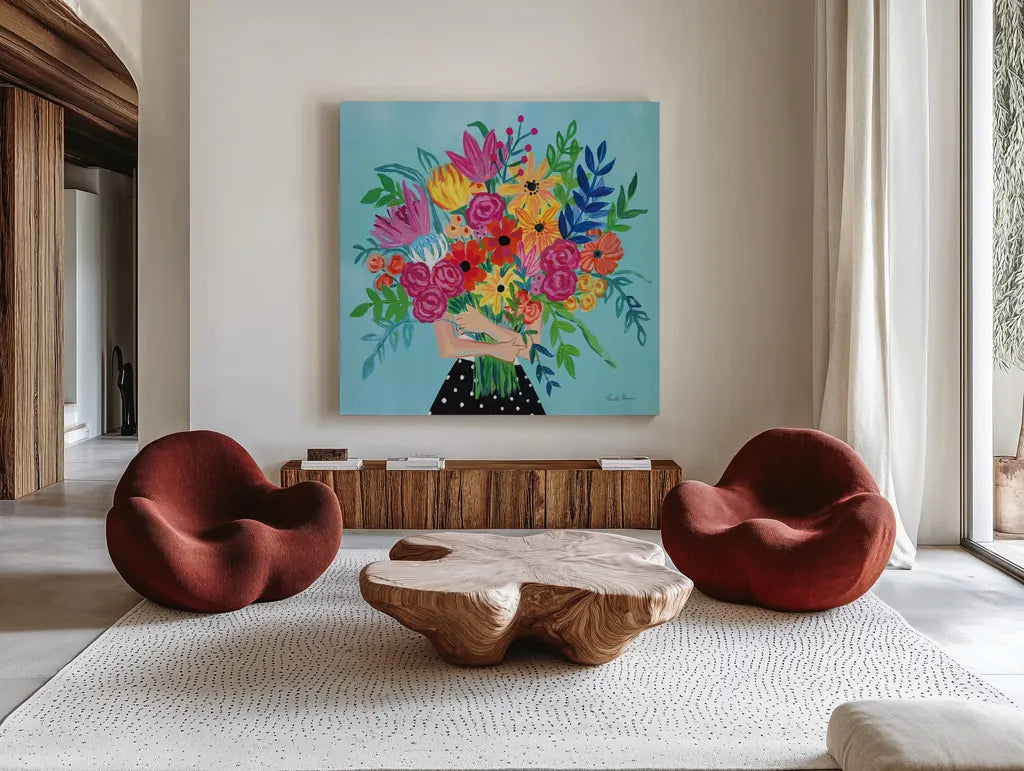 A Bunch of Flowers II by Farida Zaman. Shown as extra-large giant wall art in a modern living room. Available as an archival giclee rolled canvas, fine art paper, or poster print. SKU 61181a.