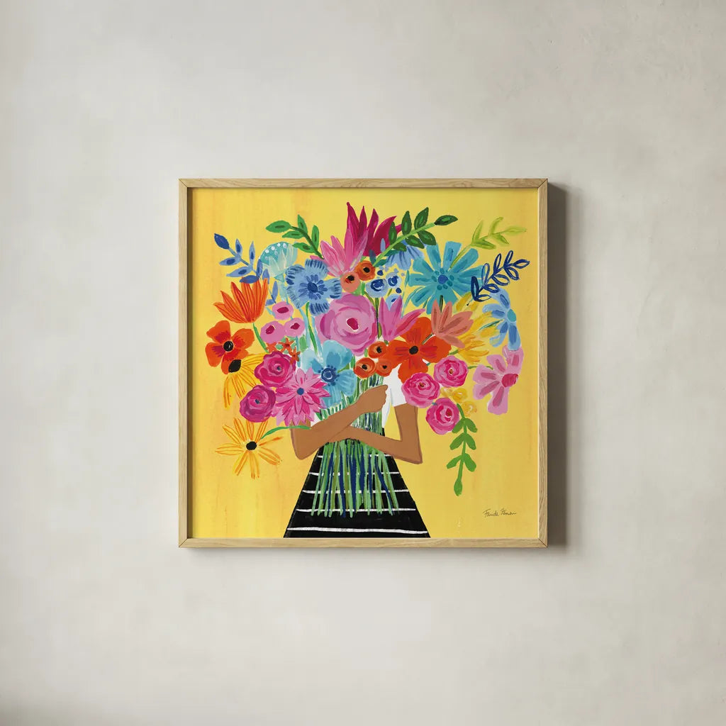 A Bunch of Flowers III by Farida Zaman. Shown in a natural wood glass frame for a timeless modern aesthetic. Available as an archival giclee rolled canvas, fine art paper, or poster print. SKU 70055a.