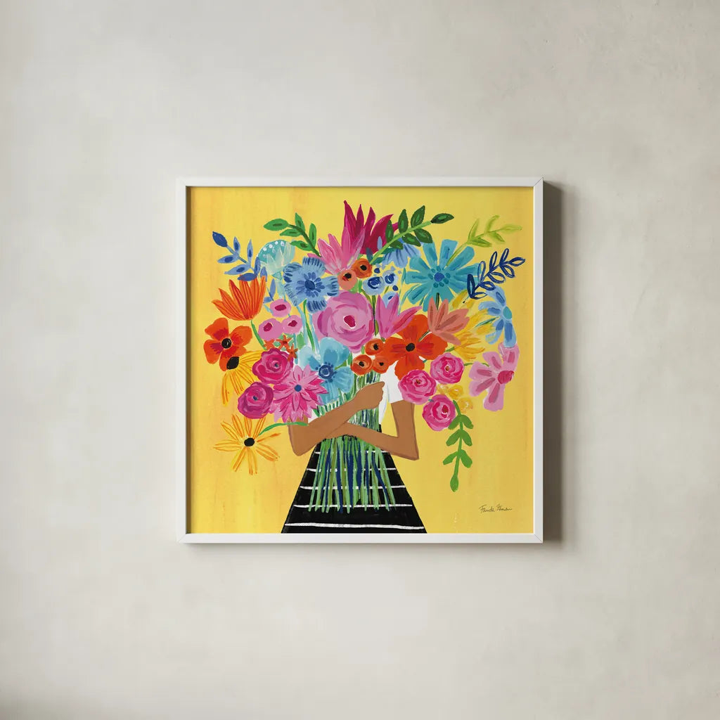 A Bunch of Flowers III by Farida Zaman. Shown in a crisp white glass frame for a clean and minimalist style. Available as an archival giclee rolled canvas, fine art paper, or poster print. SKU 70055a.