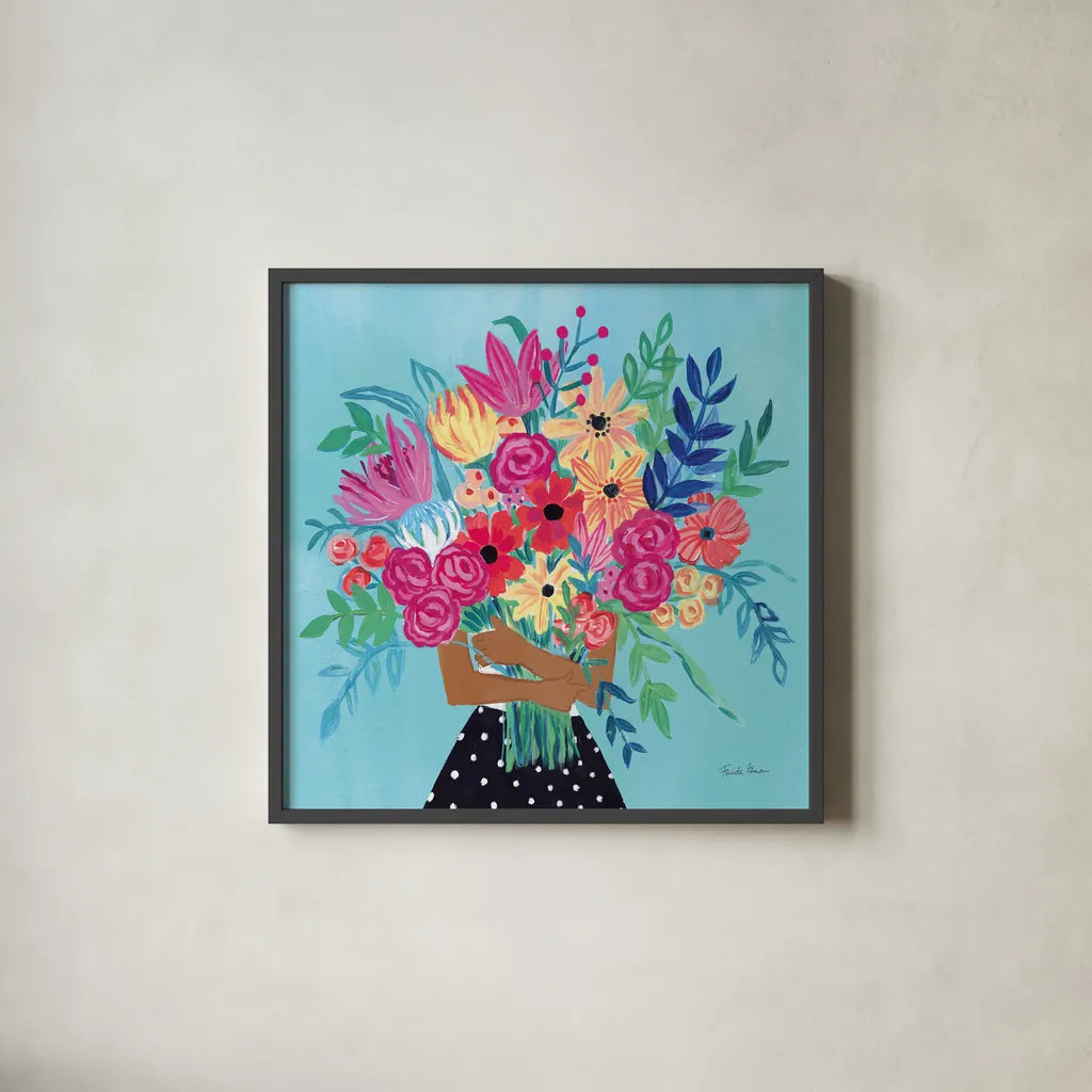 A Bunch of Flowers IV by Farida Zaman. Shown in a sleek black glass frame for a contemporary gallery look. Available as an archival giclee rolled canvas, fine art paper, or poster print. SKU 70056a.