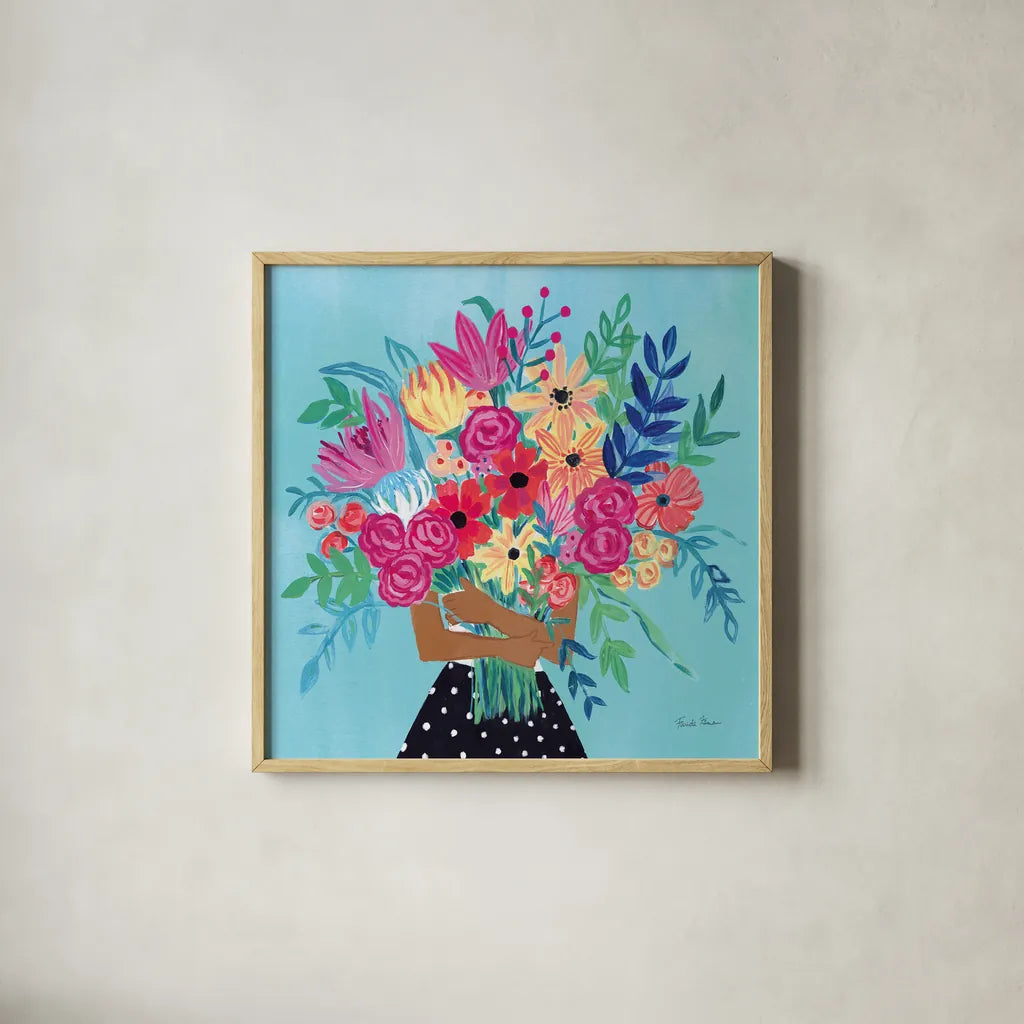 A Bunch of Flowers IV by Farida Zaman. Shown in a natural wood glass frame for a timeless modern aesthetic. Available as an archival giclee rolled canvas, fine art paper, or poster print. SKU 70056a.