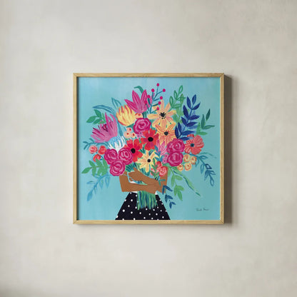 A Bunch of Flowers IV by Farida Zaman. Shown in a natural wood glass frame for a timeless modern aesthetic. Available as an archival giclee rolled canvas, fine art paper, or poster print. SKU 70056a.