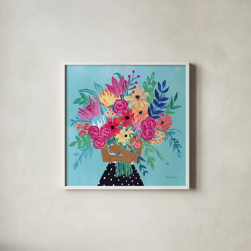A Bunch of Flowers IV by Farida Zaman. Shown in a crisp white glass frame for a clean and minimalist style. Available as an archival giclee rolled canvas, fine art paper, or poster print. SKU 70056a.