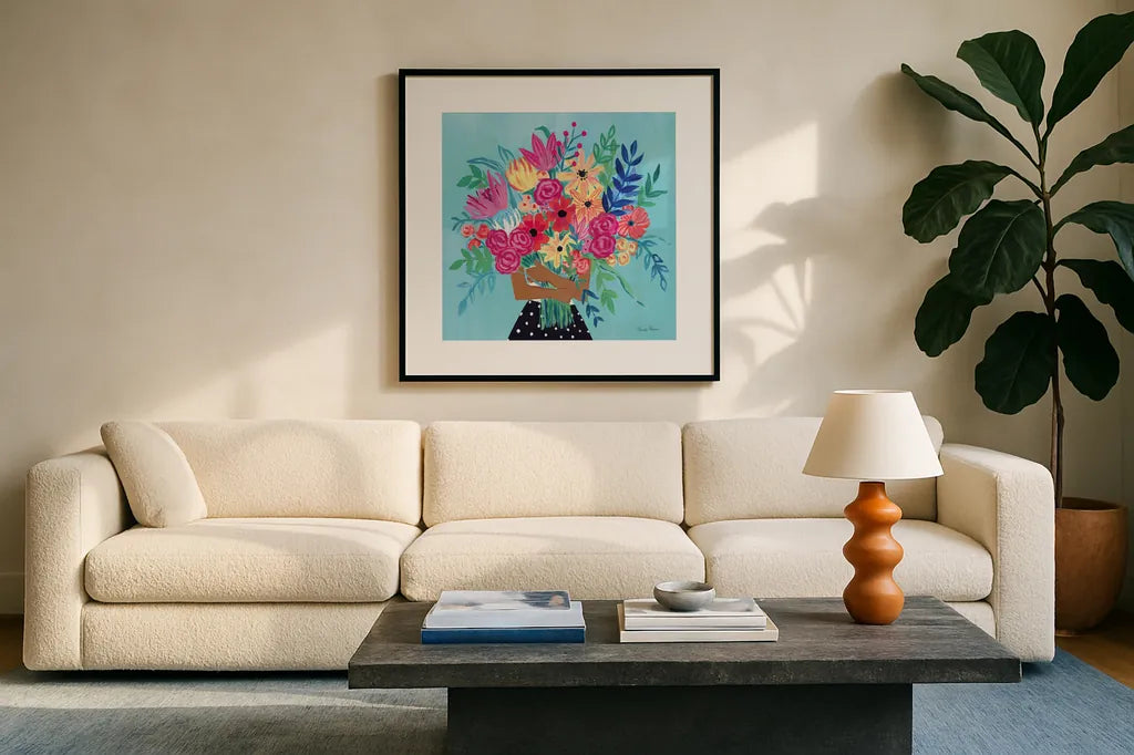 A Bunch of Flowers IV by Farida Zaman. Displayed in a glass frame with matte in a clean modern living room. Available as an archival giclee rolled canvas, fine art paper, or poster print. SKU 70056a.
