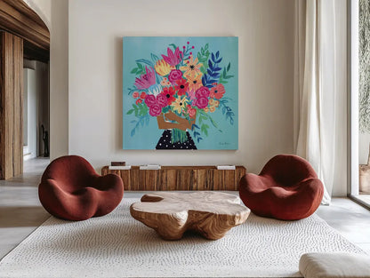 A Bunch of Flowers IV by Farida Zaman. Shown as extra-large giant wall art in a modern living room. Available as an archival giclee rolled canvas, fine art paper, or poster print. SKU 70056a.