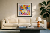Abstract Affirmations I by Farida Zaman. Displayed in a glass frame with matte in a clean modern living room. Available as an archival giclee rolled canvas, fine art paper, or poster print. SKU 42528a.