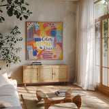 Abstract Affirmations I v2 by Farida Zaman. Shown in a natural wood frame in a cozy modern living room. Available as an archival giclee rolled canvas, fine art paper, or poster print. SKU 42912a.