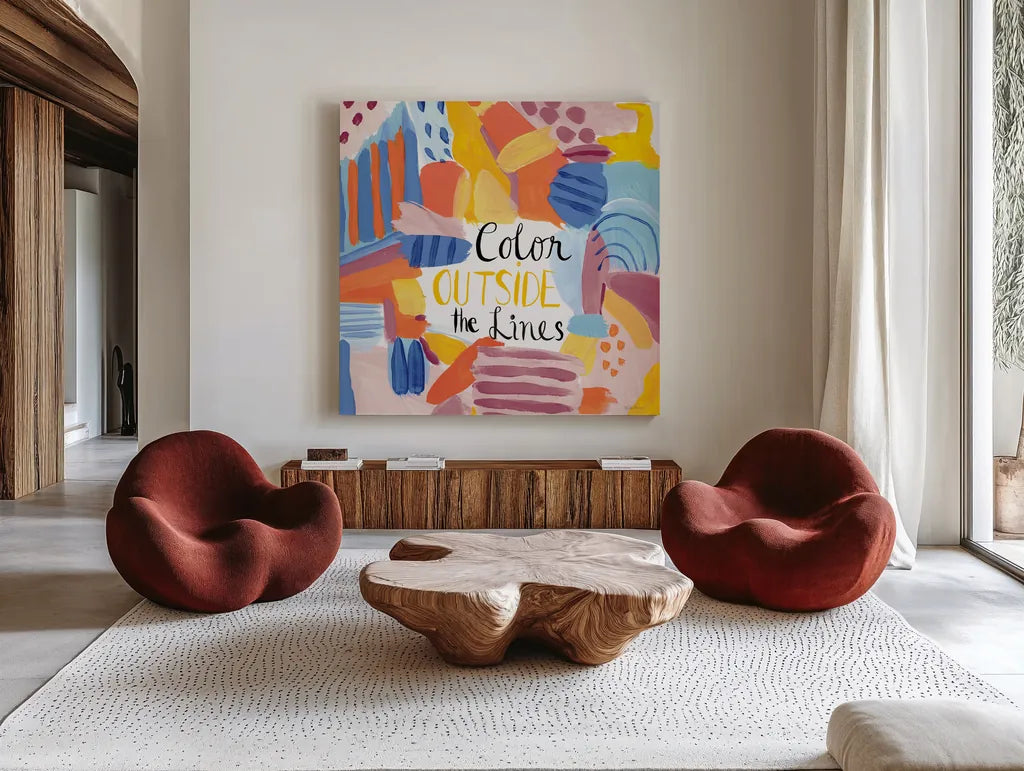 Abstract Affirmations I v2 by Farida Zaman. Shown as extra-large giant wall art in a modern living room. Available as an archival giclee rolled canvas, fine art paper, or poster print. SKU 42912a.