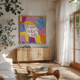 Abstract Affirmations II by Farida Zaman. Shown in a natural wood frame in a cozy modern living room. Available as an archival giclee rolled canvas, fine art paper, or poster print. SKU 42529a.