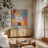 Abstract Affirmations II v2 by Farida Zaman. Shown in a natural wood frame in a cozy modern living room. Available as an archival giclee rolled canvas, fine art paper, or poster print. SKU 42913a.