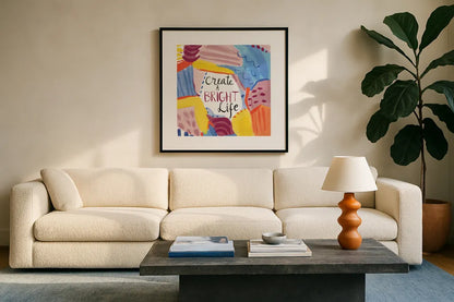 Abstract Affirmations II v2 by Farida Zaman. Displayed in a glass frame with matte in a clean modern living room. Available as an archival giclee rolled canvas, fine art paper, or poster print. SKU 42913a.
